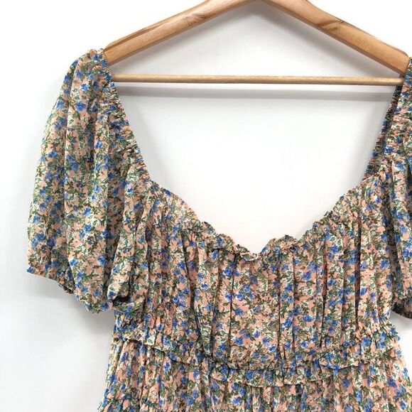 ASTR The Label Ruffle Ruched Short Sleeve Top‎ PEACH BLUE DITSY M - Picture 2 of 8
